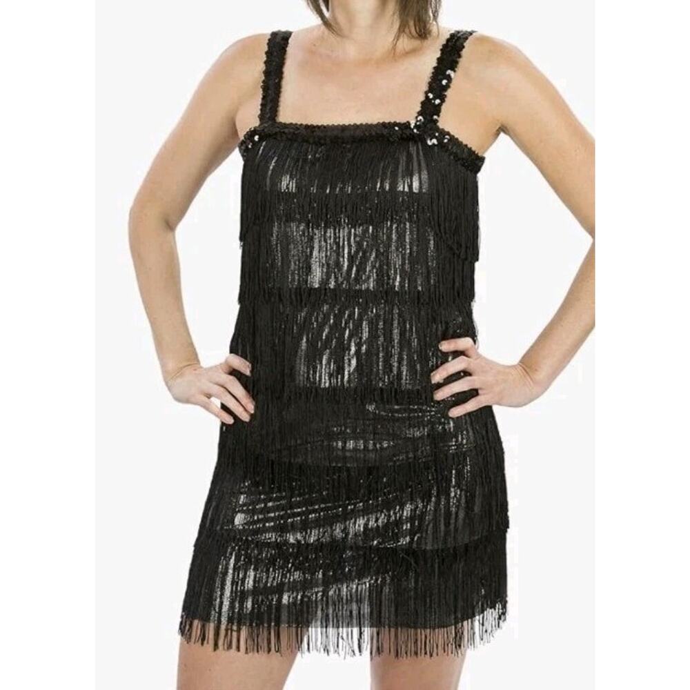 Flapper Fringe Dress Shimmery Black Silver Sequins Sz 8 10 GATSBY FESTIVAL 20s